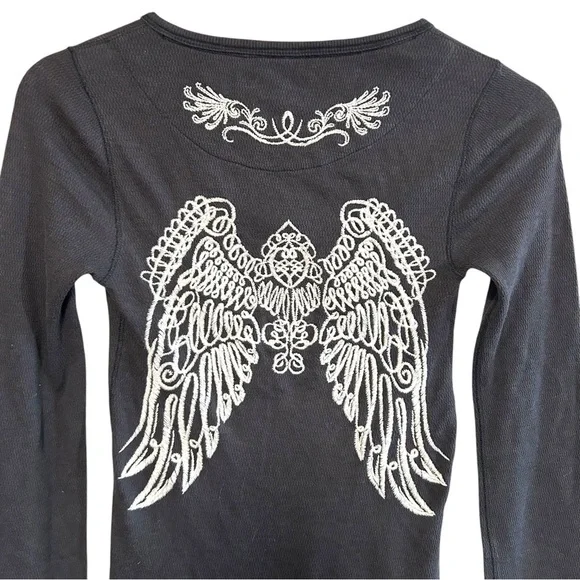 lucky brand S waffle Henley longsleeve tee Y2K embroidered detail wings vintage - Picture 5 of 9